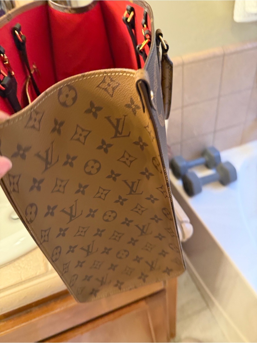Louis Vuitton Monogram Canvas Tote with Black Straps and Red Interior - Picture 6 of 12